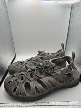 Keen Whisper Womens Water Hiking Sandal Shoe Grey Teal Strappy Bungee Closed Toe